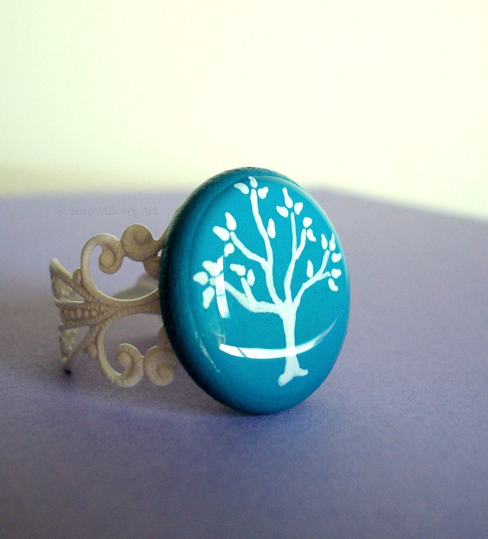 Leafy Tree Silhouette.  Handpainted Art Ring.
