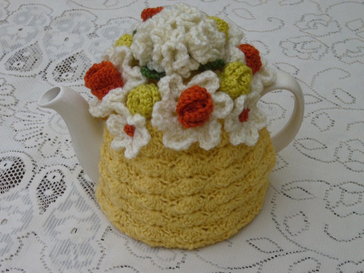 Crochet Tea Cosy/Cosie/Cozy - Yellow with orange flowers (Made to order)
