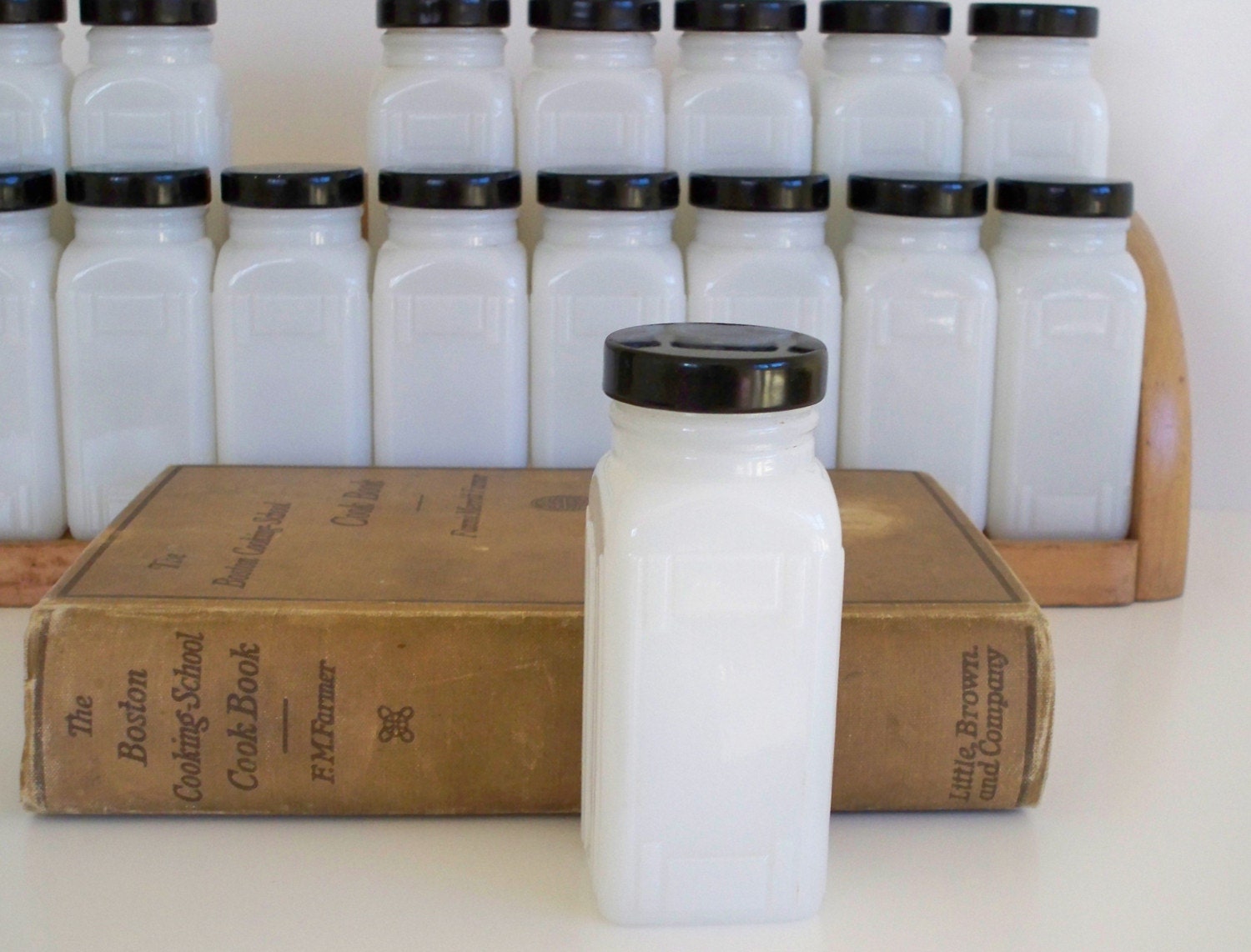 Set of 19  Griffith Milk Glass Spice Jars with Rack