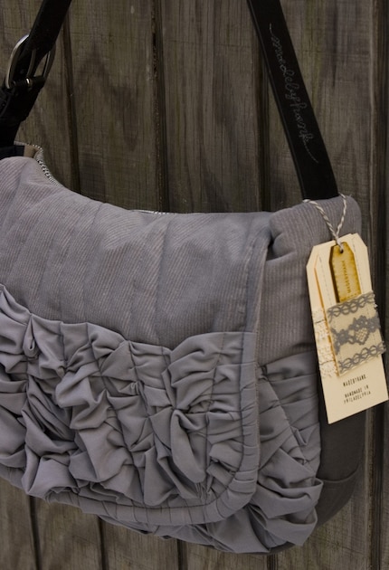 OOAK-- a large tough ruffles shoulder bag in two shades of grey (black leather adjustable strap)