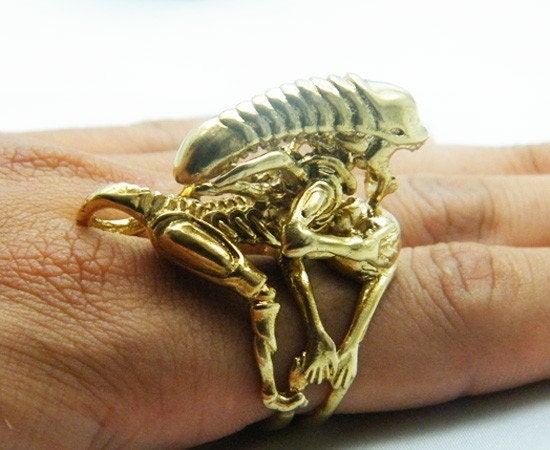New Enamel Genuine Gold 18K Modern Alien and Punk Style Brass adjustable ring size