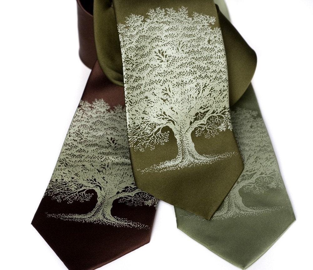 Oak Tree SILK screenprinted necktie, sage ink