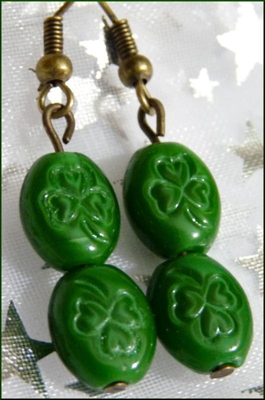 Irish Green Shamrocks and Brass Earrings--St. Patrick's Day
