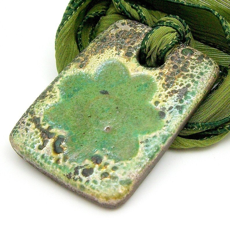 Green Flower Raku Pendant or Focal Bead Raku Ceramic Jewelry by MAKUstudio