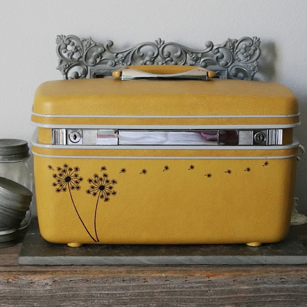 UPCYCLED Mustard Yellow VINTAGE Train Case with Dandelions and Seedlings blowing in Black ink