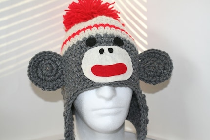 Sock monkey hat with a flat face - unique handmade character hat made to look like a  sock monkey