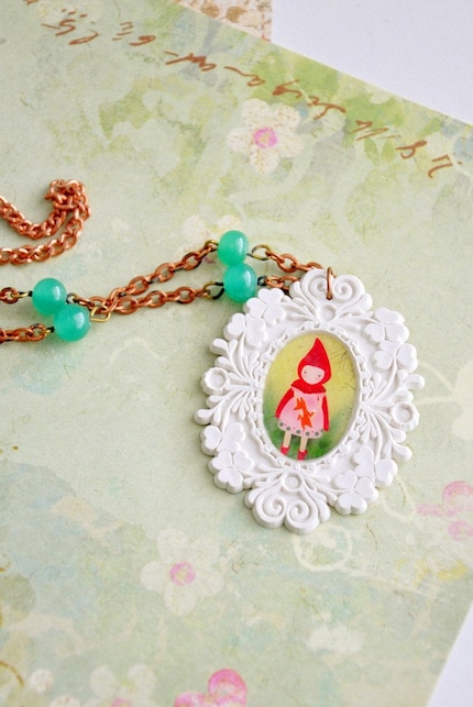 Little red riding hood brocade cameo necklace