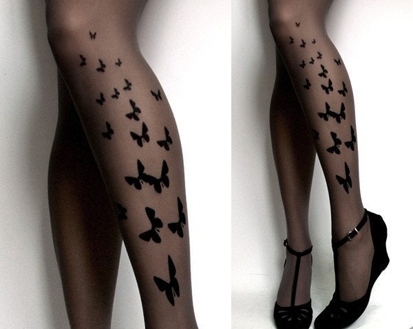 LARGE/EXTRA LARGE brand new color GREY sexy BUTTERFLY tattoo tights / stockings / full length / pantyhose / nylons