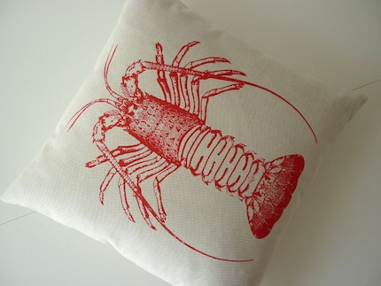 Vintage Spiny Lobster hand silk screened cotton canvas throw pillow 18 inch RED