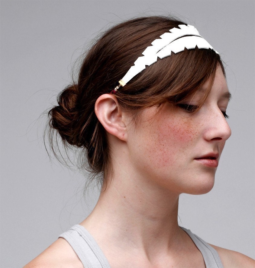 Feather Leather Headband in White