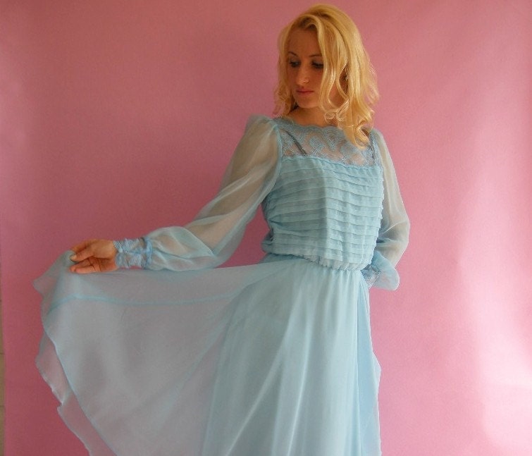 Romantic Vintage 70s Sheer Blue Pleats Lace Dress M by empressjade