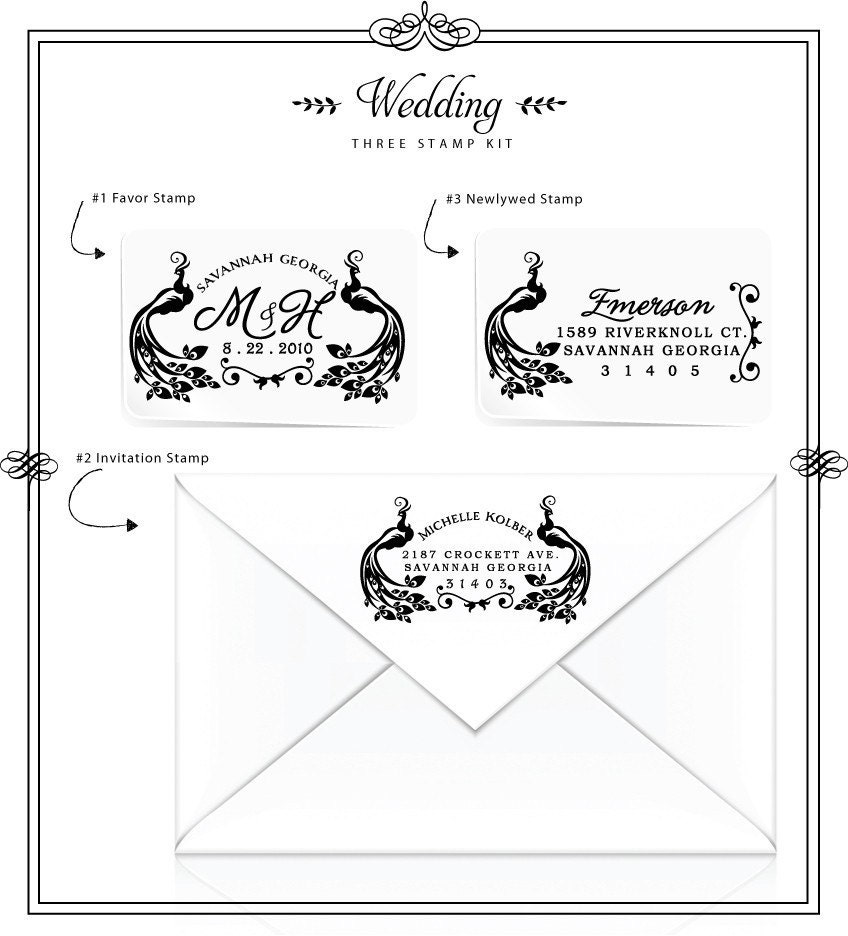 3 Piece Wedding Stamp Kit Pretty Peacock Custom Address and Favor Rubber Stamps