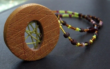 Beaded Neckalce with Polymer Clay Pendant - Lemon and Poppy Seed Wedge