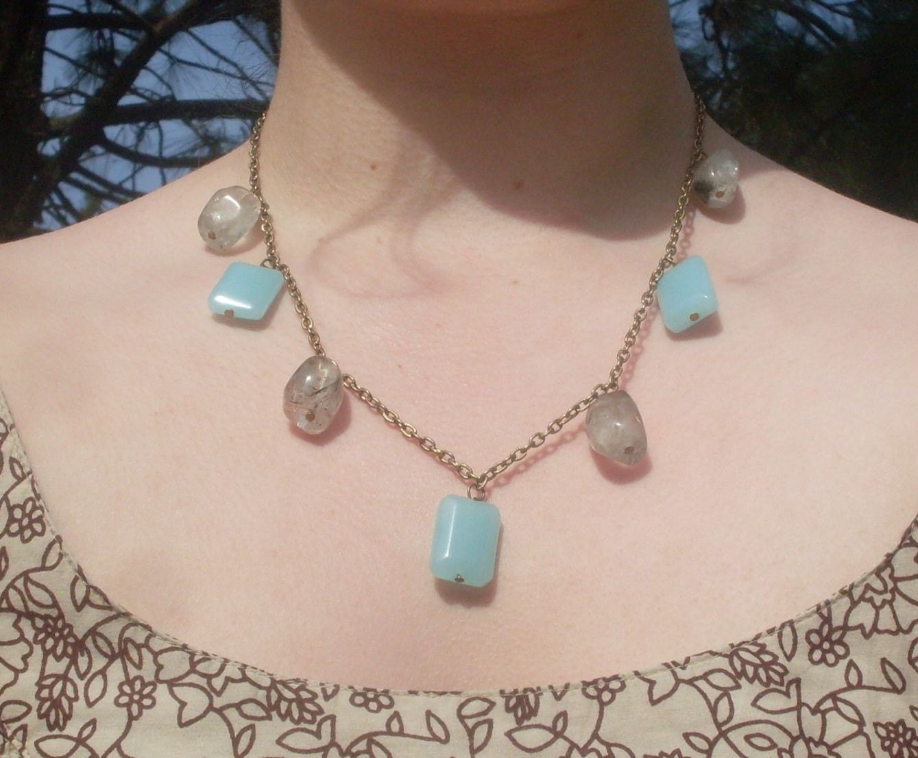 Royal Empress-Blue Jade Quartz Gold Chain Necklace