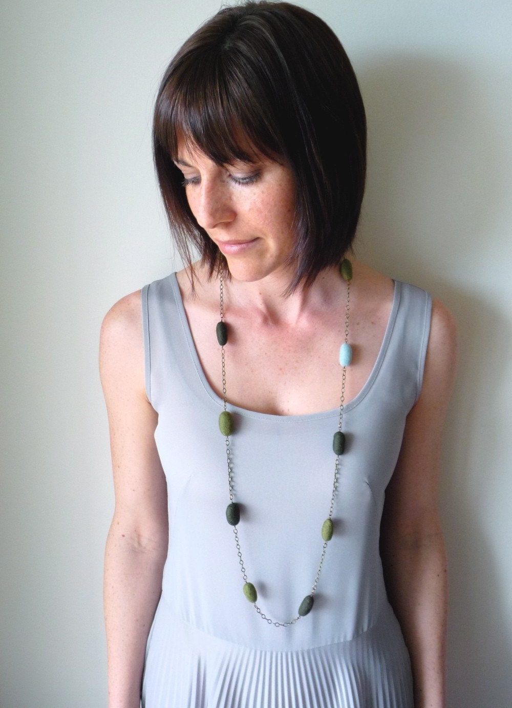 Long Chain with Felt Pebbles in Mixed Greens and Light Blue