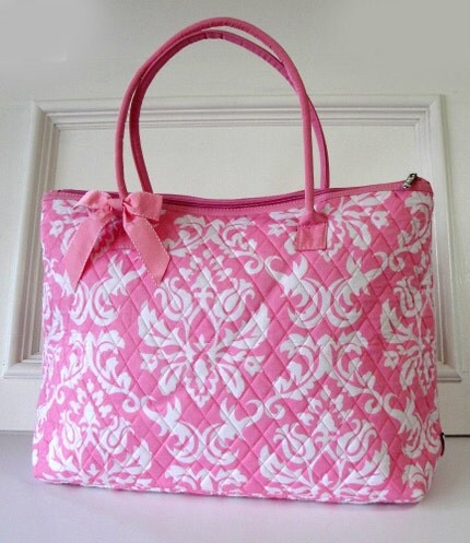 Pink And White Quilted Damask Print  Extra Large Tote Bag Monogrammed For Free
