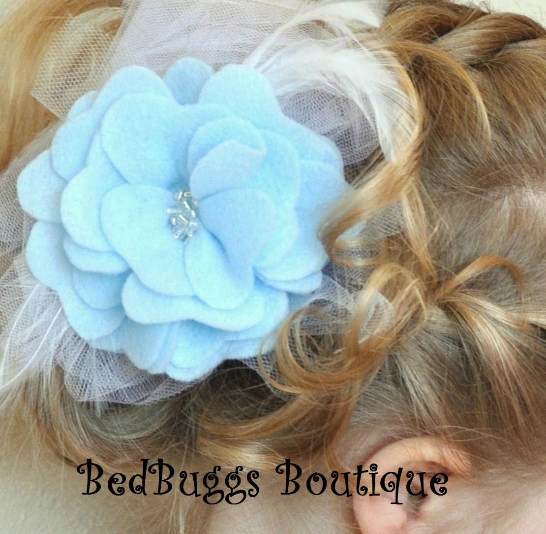 BEAUTIFUL Baby Blue Felt Rose Flower--Tulle and Feather Backing--CAN BE MADE IN ALMOST ANY COLOR-