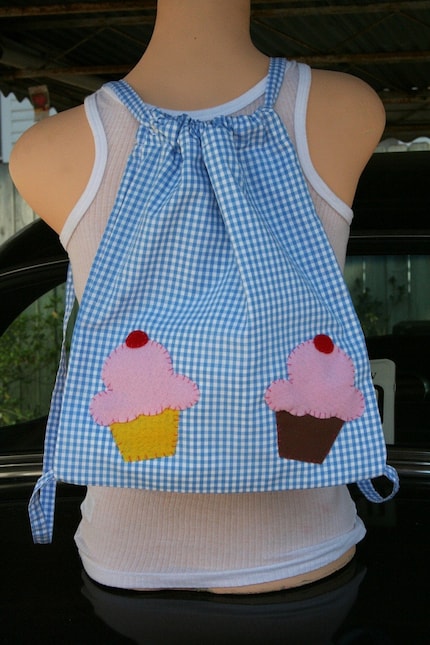 Blue Gingham with Cupcakes Drawstring Backpack