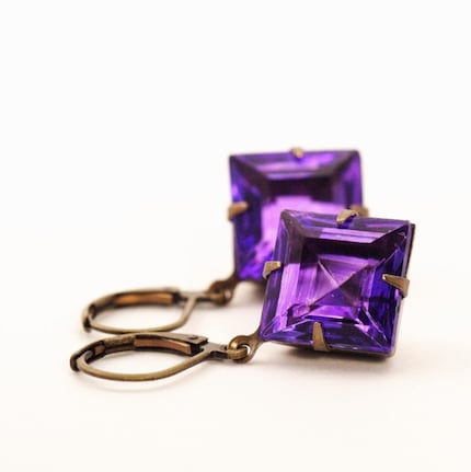 Vintage Glass Jewel Earrings - Purple Diamonds