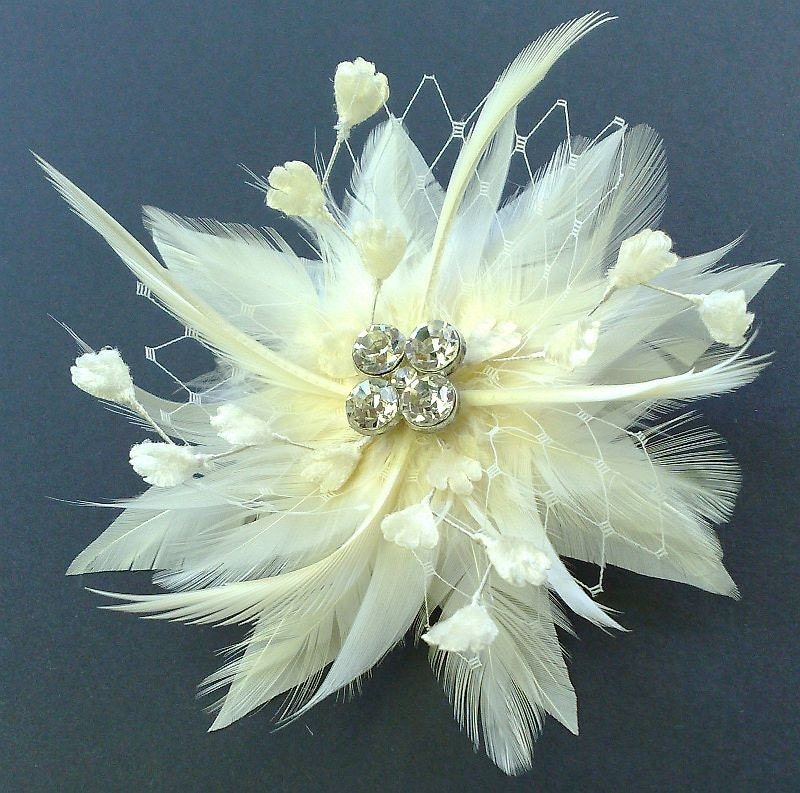 Bridal Hair Feather Fascinator Vintage Crystal Ivory STARDOM - SHIP READY