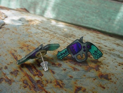 sweet little purple and teal tattoo pistol (nickel free) ear studs/posts