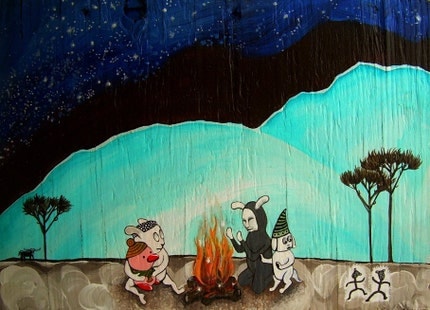 Original Painting on wood 8.5 x 12 in. Pop surrealist whimsy. Free Shipping.