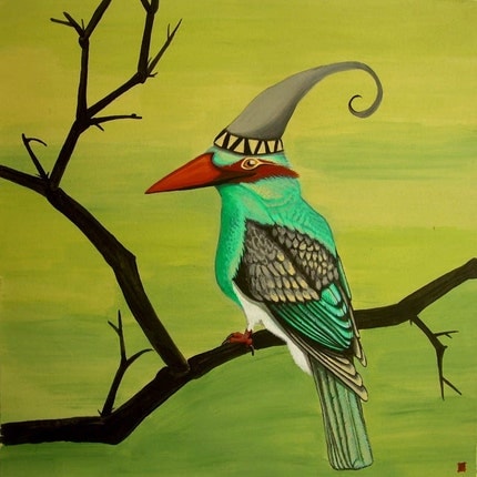 Original Painting surreal Kingfisher 9x9 inches unframed free shipping