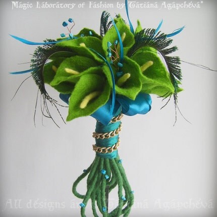 Summer Breeze Lime Green Calla Lilies and Peacock Feathers BRIDAL BOUQUET