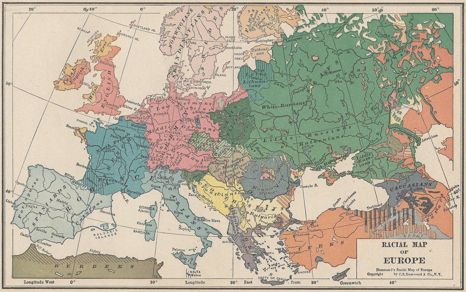 Vintage 1927 Map, RACIAL MAP OF EUROPE