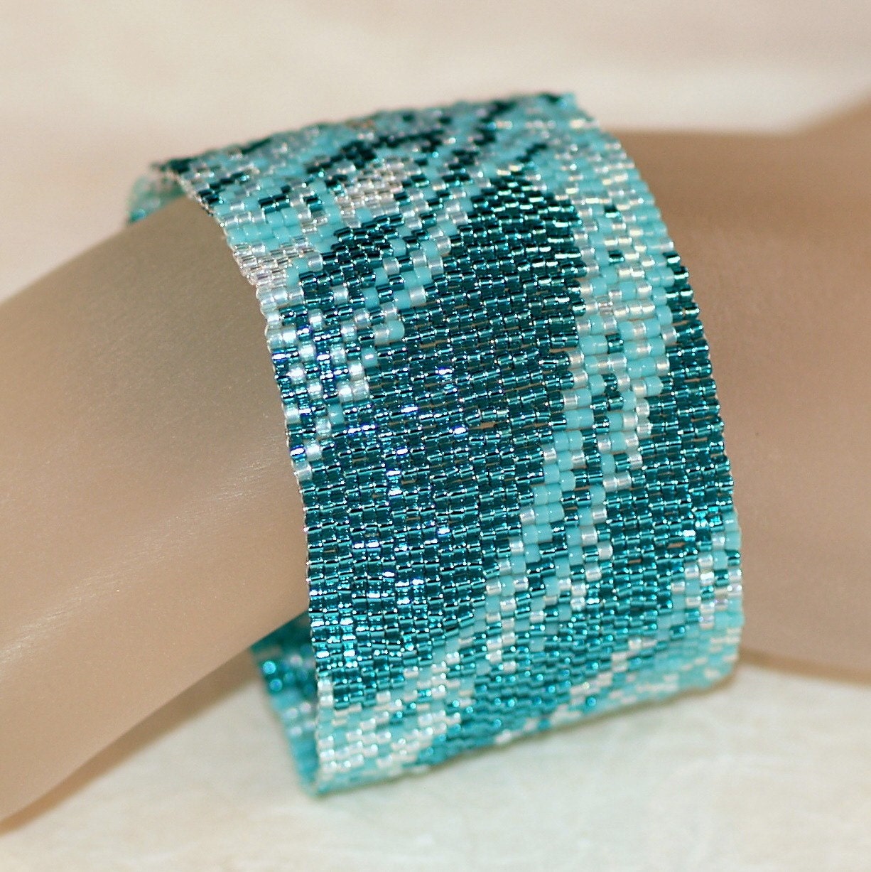 Seafoam Fabric - Shades of Aqua and Turquoise in a Peyote Bracelet / Cuff (3207)