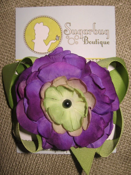 Lavender and Green Hair Bow with Flower