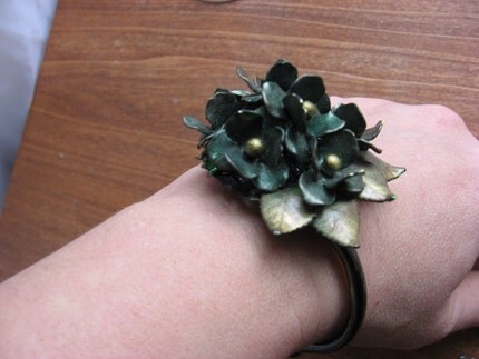 Greenn and gold huge flower brooch bracelet ooak