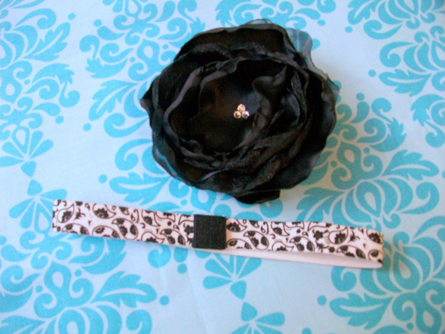 FREE SHIPPING--Sweet and Sassy Beautiful Black Handmade Silk Flower on Interchangeable Soft Satin Stretch White and Black Paisley Headband ALL SIZES available-- Newborn, Baby, Toddler through Adult