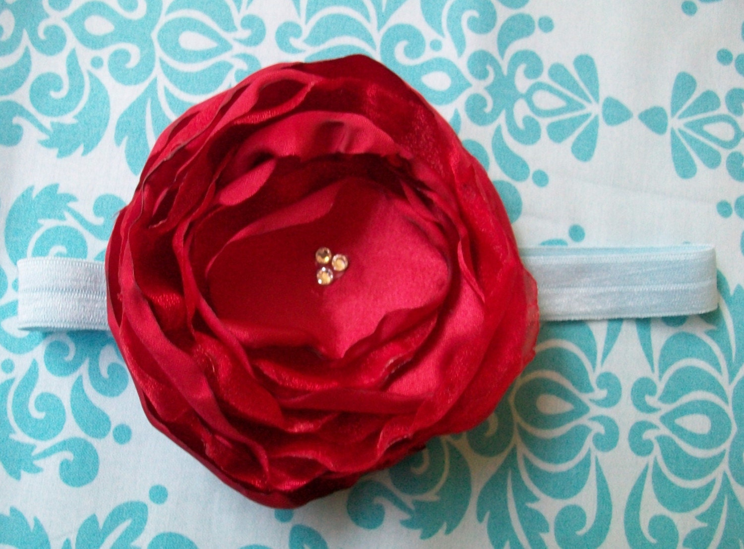 FREE SHIPPING--Sweet and Sassy Beautiful Deep Red Handmade Silk Flower on Interchangeable Soft Satin Stretch Aqua Headband ALL SIZES available-- Newborn, Baby, Toddler through Adult