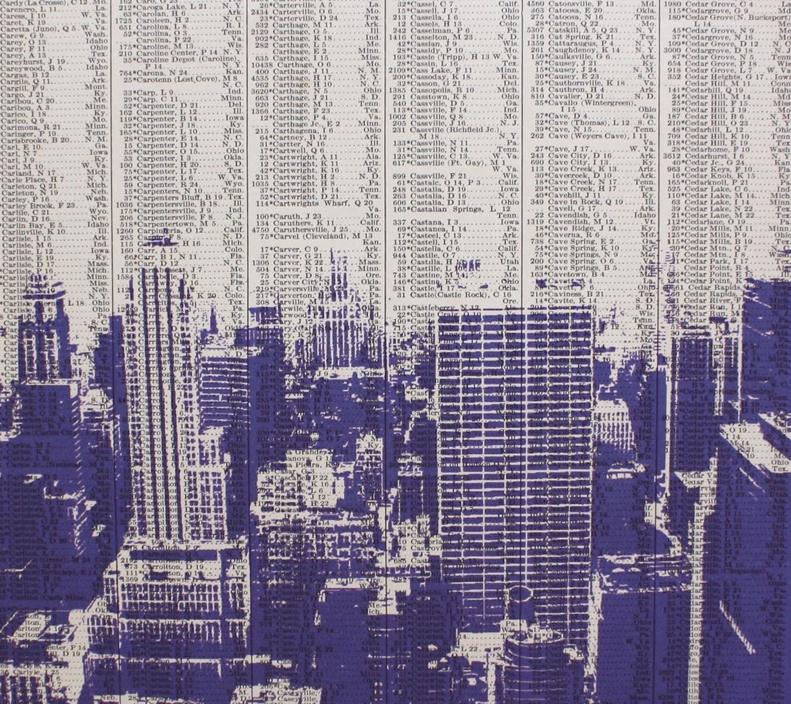 Dark City no3 - PURPLE Edition - NEW YORK CITY  - LARGE Print made on 1929 Atlas Page - LIMITED EDITION