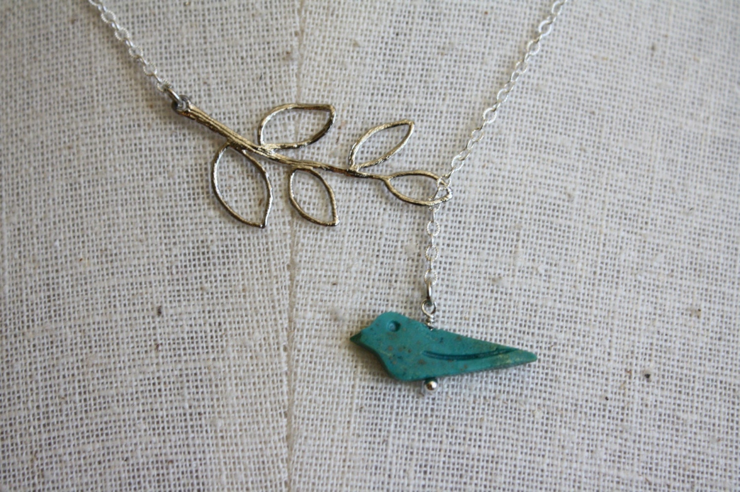 Carved Turquoise Birdie and Leaf Lariat with Sterling Silver Chain