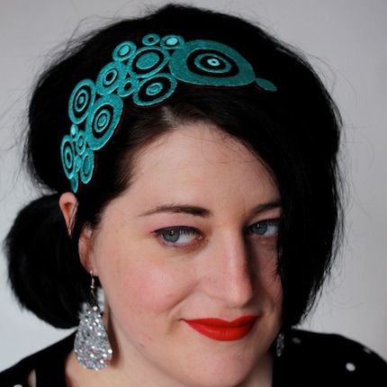 Pop art circles turquoise headband embroidered