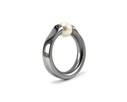 White Pearl N Stainless Steel tension Set Ring by VincenzoTaormina 