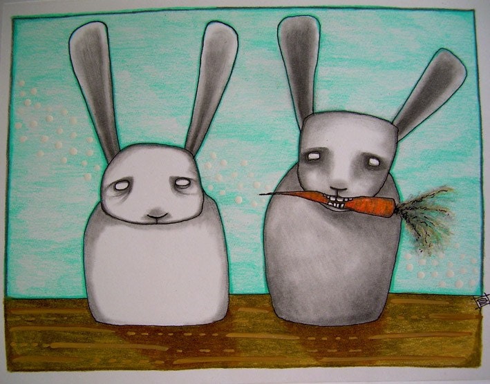 Fine Art hand drawn note card pop surrealism carrot eaters 4.25x5.5in