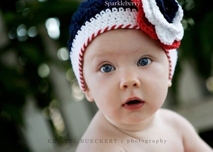 THE MADISON Crocheted Beanie Size 3-6 Months Red White Blue