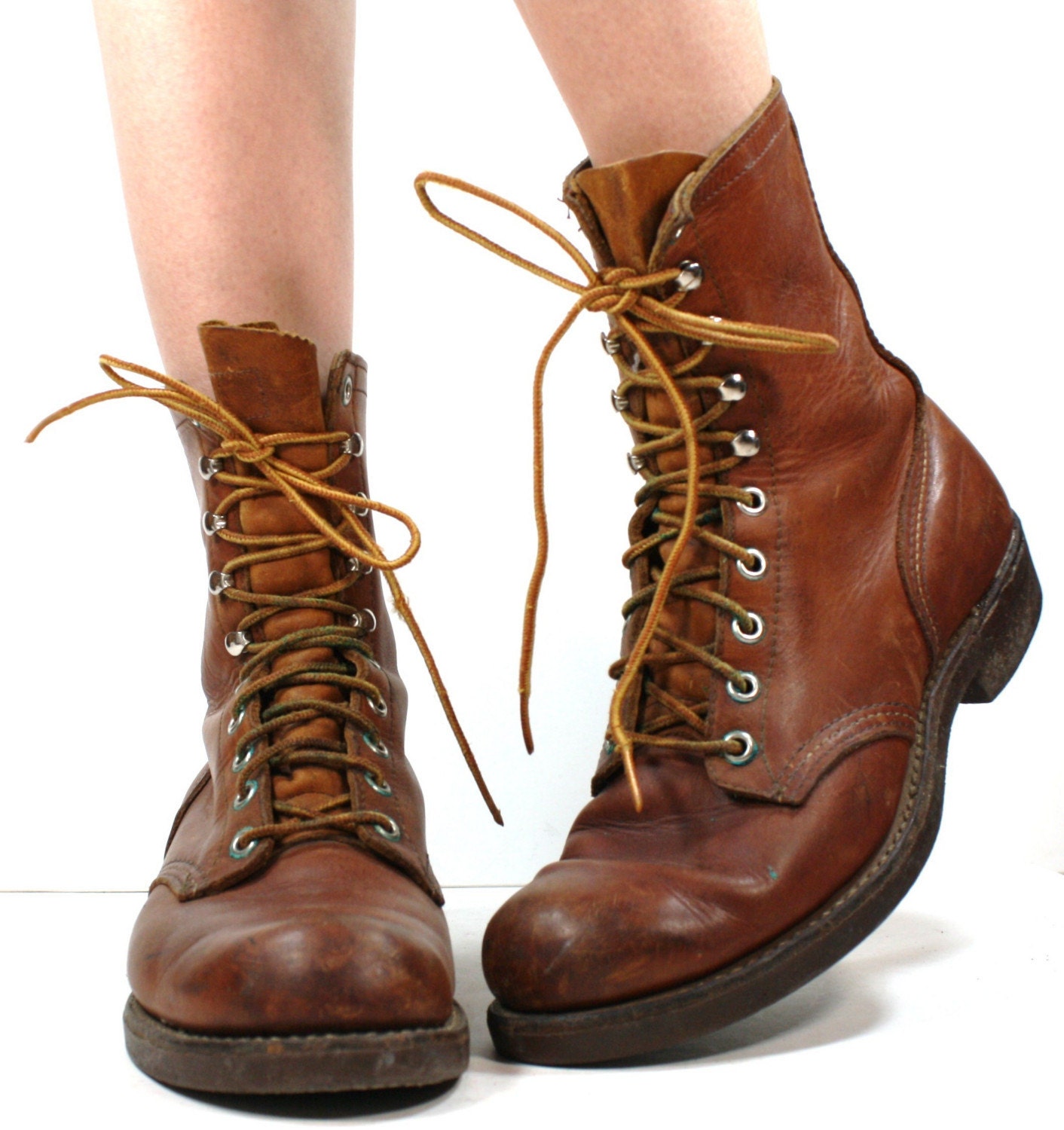 Vintage grunge granny COMBAT barn boot riding Red WING womens Brown cowboy pixie lace up 9.5 M B