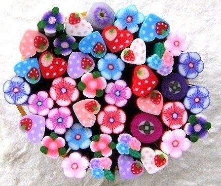 Polymer Clay Cane Sticks Hearts With Strawberries Flowers 42 Set