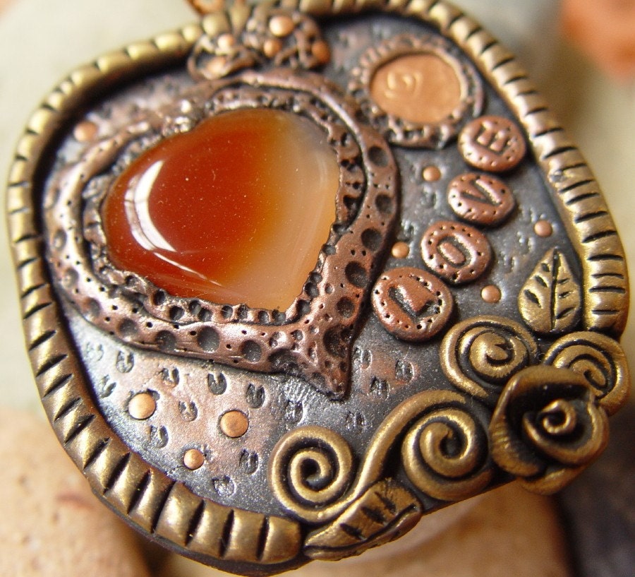 LOVE carnelian copper clay pendant