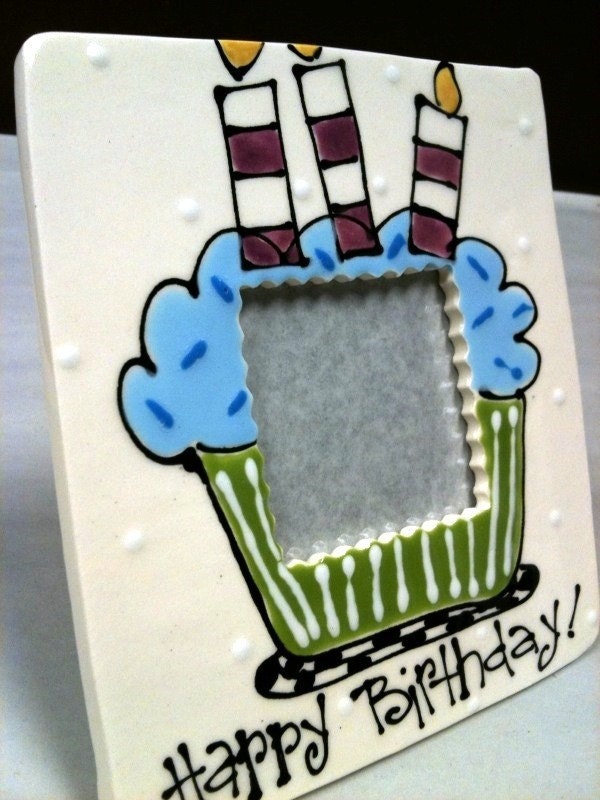 Square Birthday Frame  with Blue Cupcake- personalize
