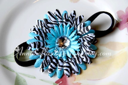 Turquoise and Zebra Gem Center Daisy on a Black Skinny Stretch Headband - Babies/Toddlers/Girls/Adults