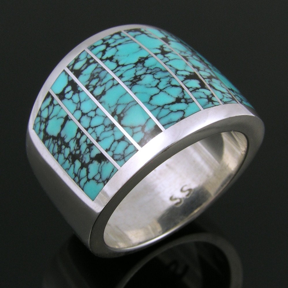 Southwest sterling silver ring inlaid with spiderweb turquoise from etsycom