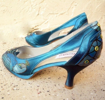 Shoes Bridal Wedding painted peacocks on gold and ocean blue platforms