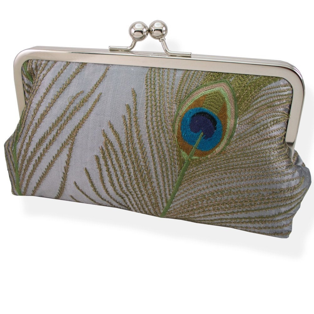 Peacock Feathers Embroidered Silk Clutch Silver and Navy Blue