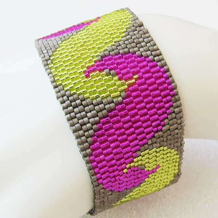 Squiggly Wigglies in Lime and Fuchsia Peyote Cuff Bracelet (2499)