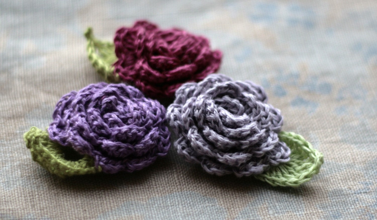 Crochet Linen Flowers Brooches - set of 3